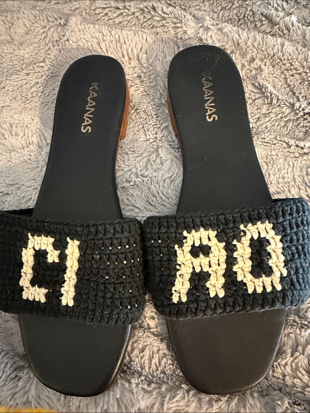 Kaanas Black Slide Mules with Cream Crochet Lettering